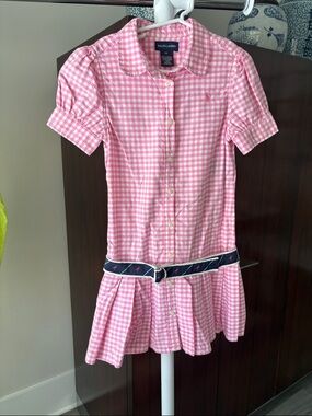Ralph Lauren Pink Gingham Button-Front Dress with Navy Belt Sz 6x